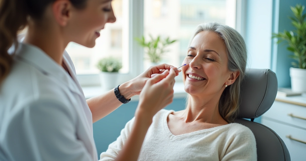 Profissional aplicando procedimento de harmonização facial em mulher madura