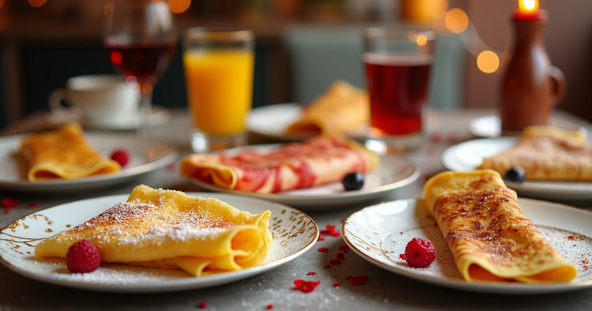 Vários crepes diferentes sendo servidos com bebidas harmonizadas 