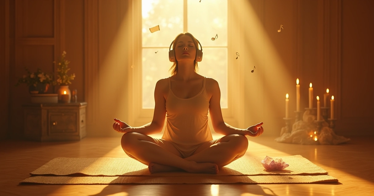 Pessoa sentada em posição de meditação em cômodo iluminado ouvindo música em fones de ouvido 