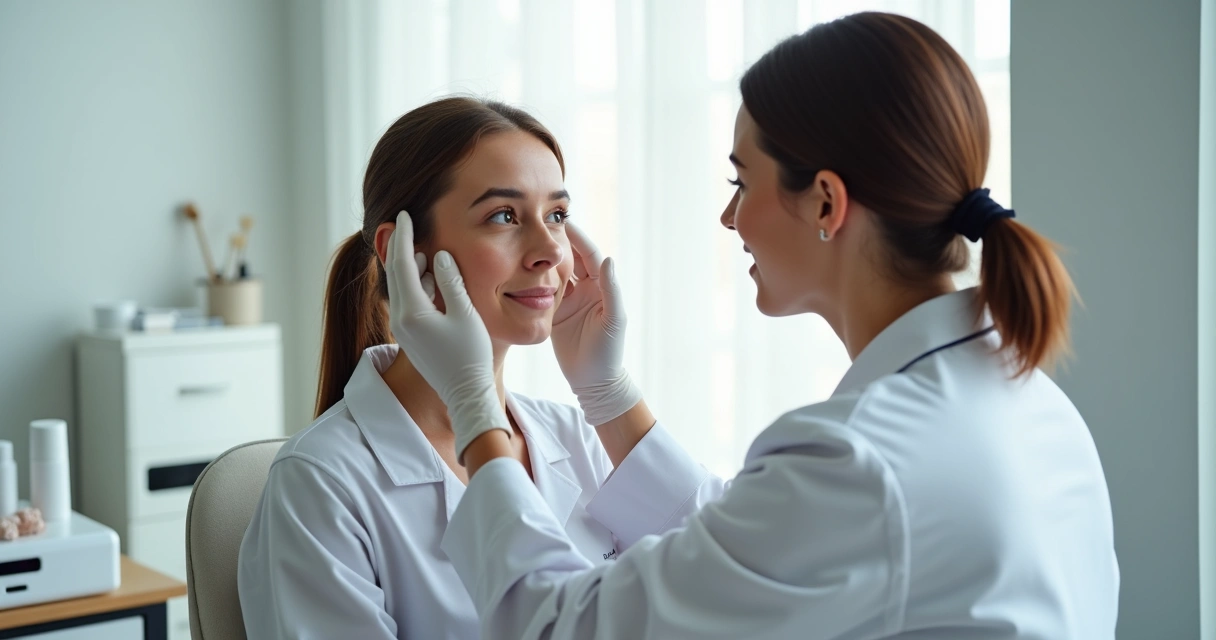 Especialista examinando rosto de paciente em consultório de estética 