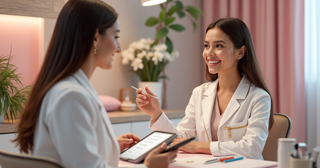 Avaliação facial detalhada por médica com paciente sentada