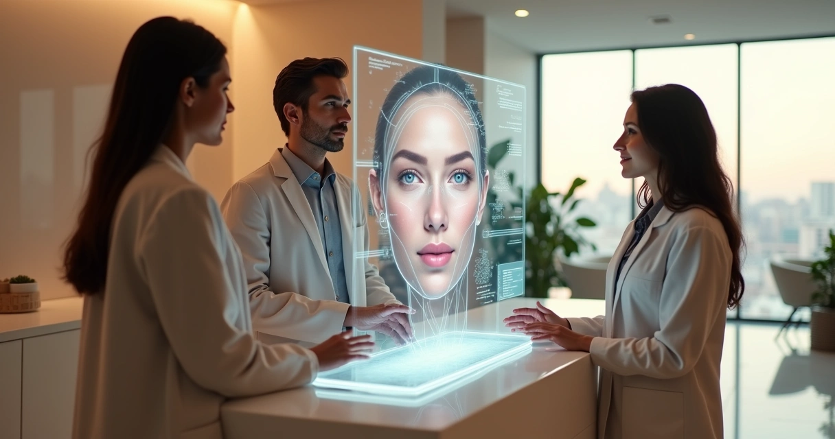 Equipe de estética analisa mapa facial digital em clínica moderna 