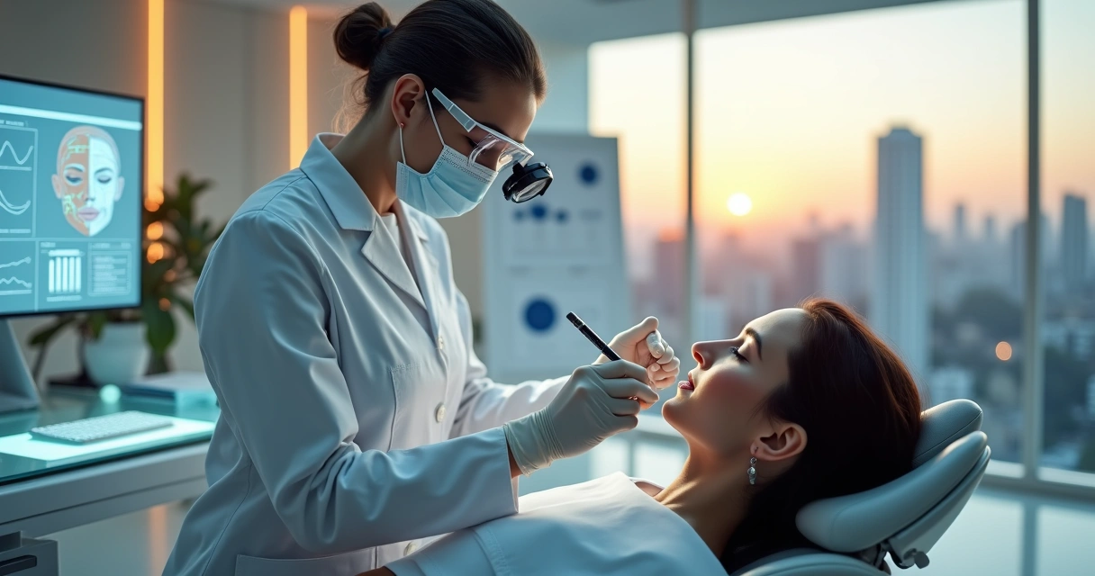 Dentista realizando harmonização facial com tecnologia avançada em clínica moderna 
