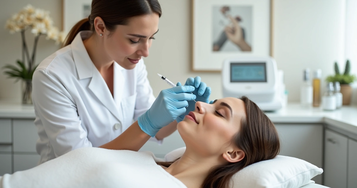 Profissional aplicando harmonização facial em paciente em clínica moderna 