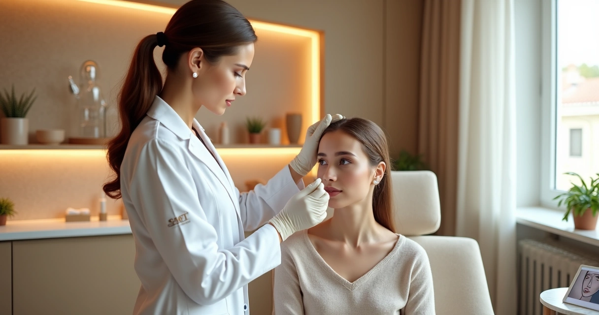 Profissional ajustando levemente o rosto de paciente em sala de estética refinada 