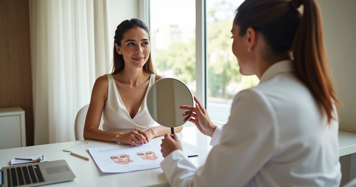 Paciente observando rosto em espelho de mão durante consulta de harmonização facial 