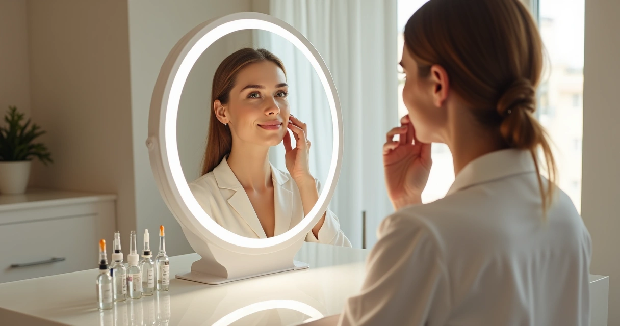 Mulher observando rosto harmonizado em espelho iluminado por luz suave 