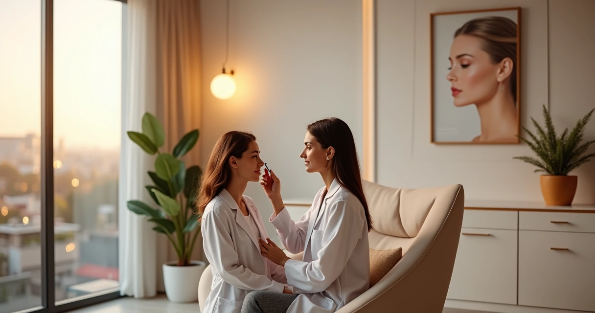 Profissional realizando avaliação de harmonização facial em paciente em clínica moderna 