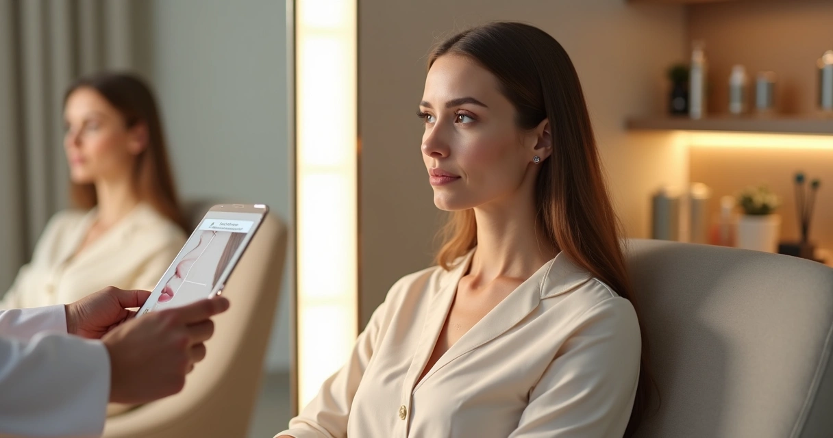 Rosto feminino alinhado e iluminado refletido em dois espelhos mostrando equilíbrio estético 
