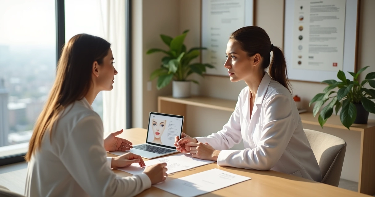 Paciente em consultório avaliando orçamento de harmonização facial com médica especialista 
