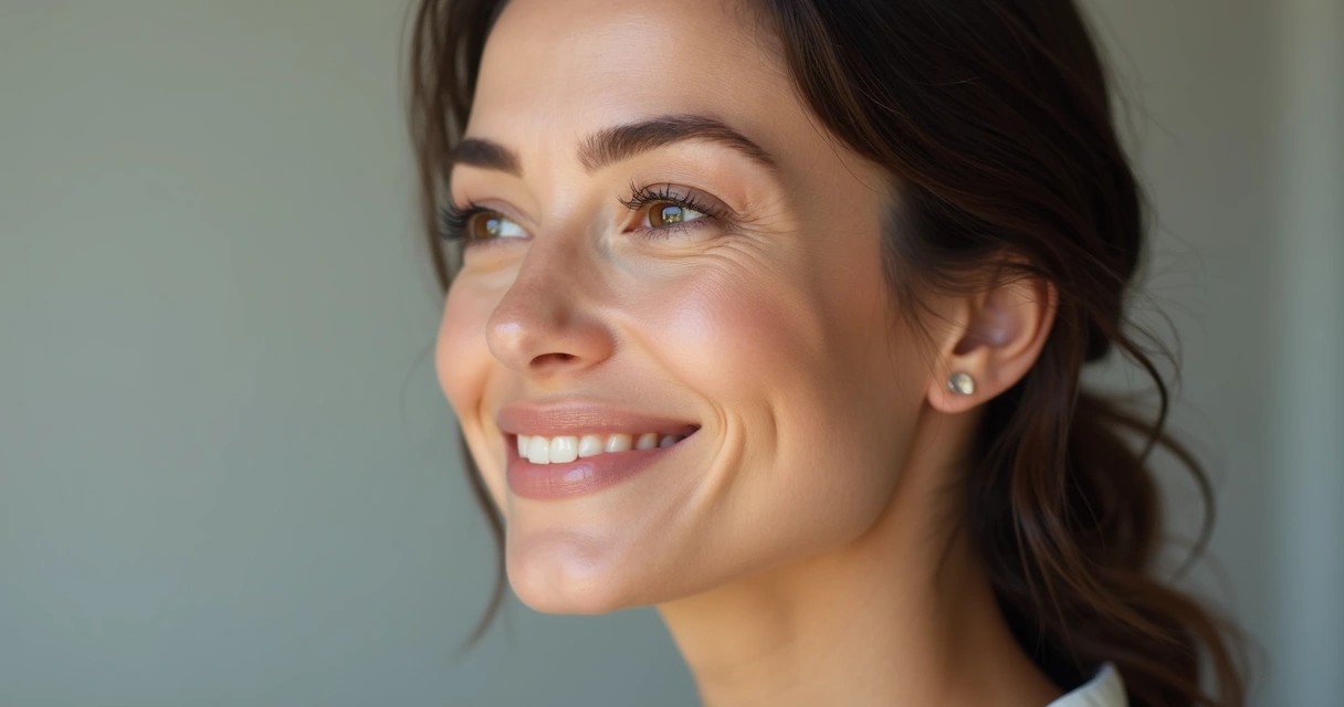 Mulher de perfil com contorno facial definido e pele iluminada