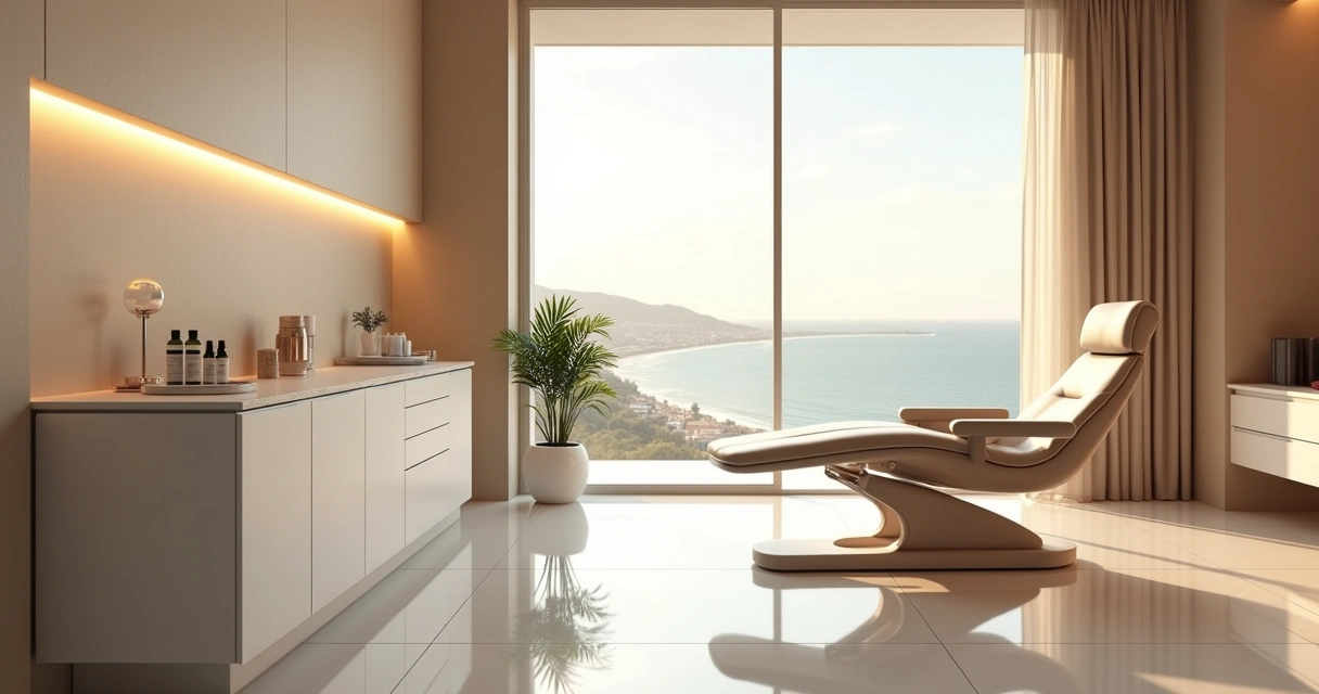 Sala de clínica de harmonização facial com vista para Salvador ao fundo 