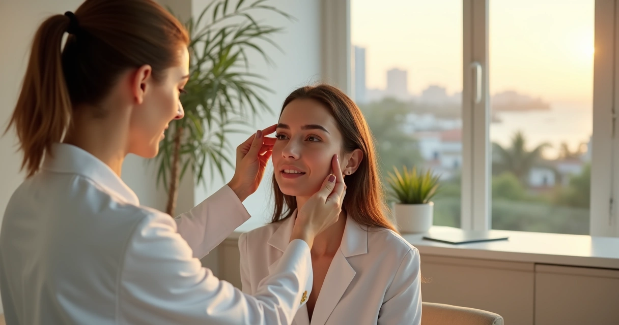 Médica analisando face de paciente em consultório de harmonização facial 