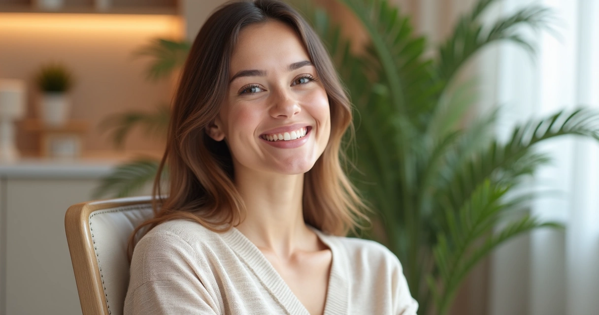 Paciente satisfeita após resultado de harmonização facial natural 