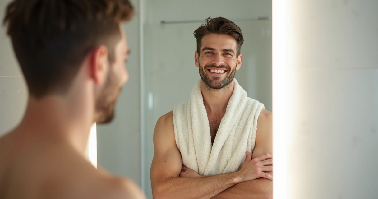 Homem confiante e sorridente após harmonização peniana. 