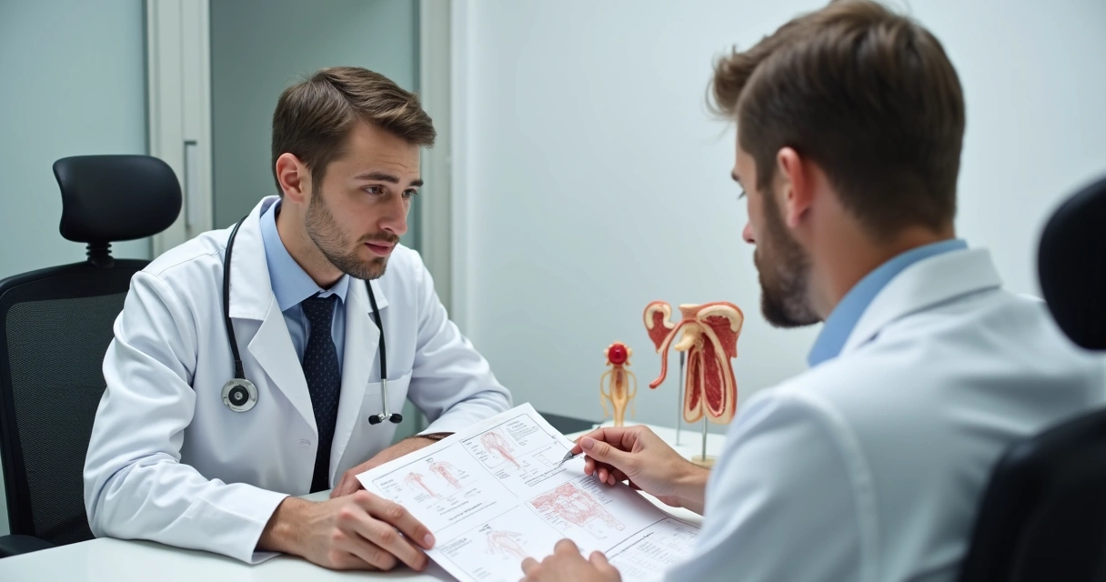 Paciente conversando sobre harmonização peniana em consulta médica 