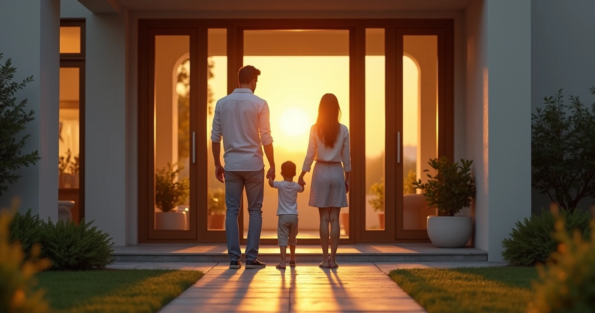 Família de mãos dadas em frente à porta de uma casa com luz suave ao entardecer 