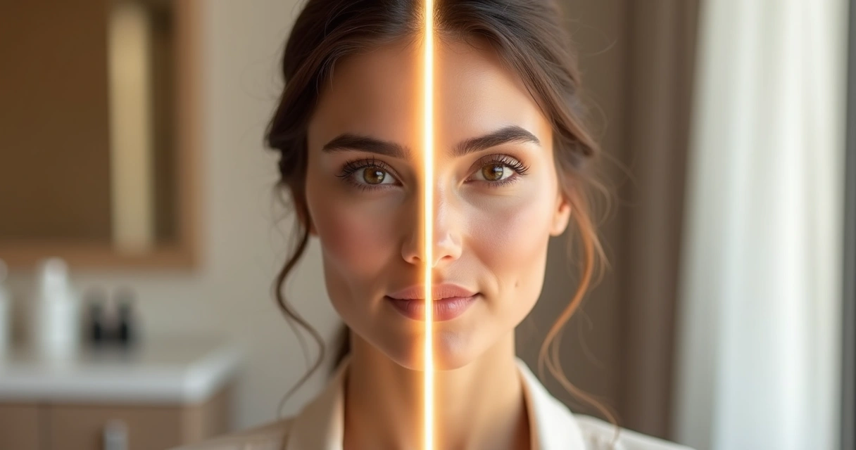 Rosto feminino dividido ao meio comparando harmonização facial e preenchimento 