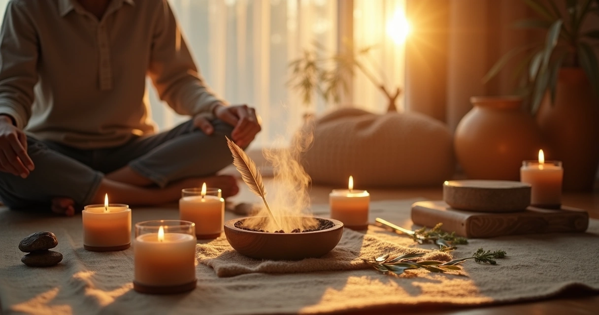 Ritual xamânico com elementos naturais ao amanhecer 
