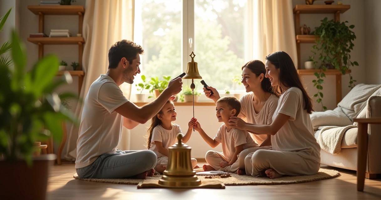 Família reunida em sala iluminada com sino sendo tocado no centro