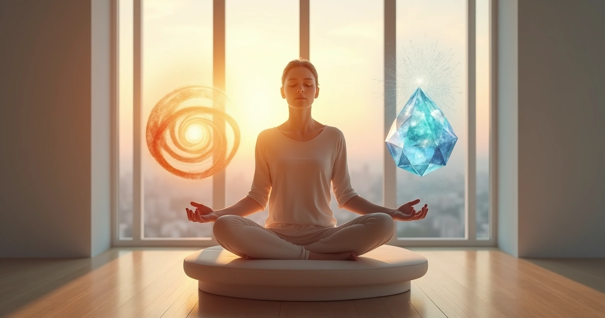 Adulto sentado em equilíbrio entre símbolos de intuição e razão 