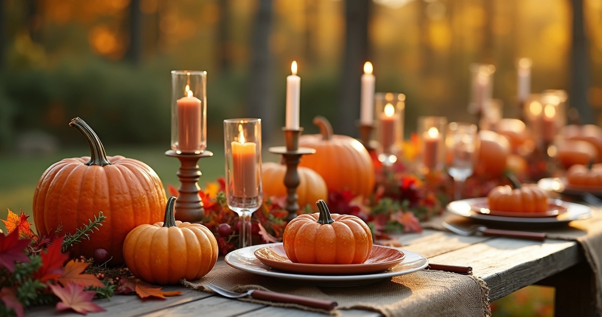 Thanksgiving harvest table with pumpkins, candles, and autumn leaves