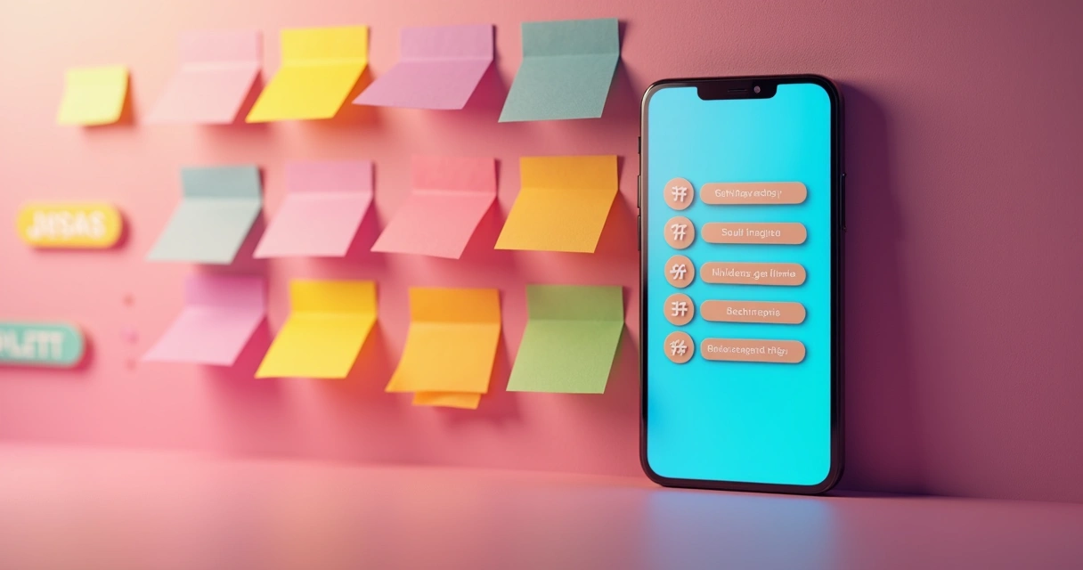 Lista de hashtags organizadas ao lado de smartphone com Instagram aberto 