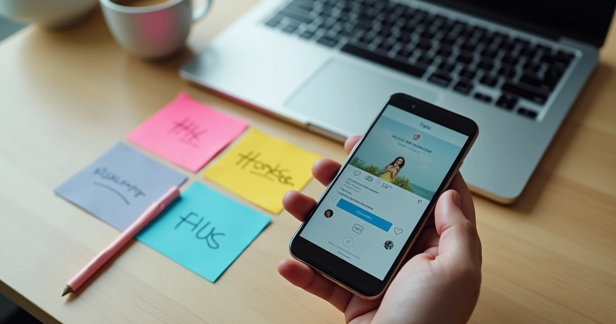 Planejamento de hashtags para Instagram em tela de celular 
