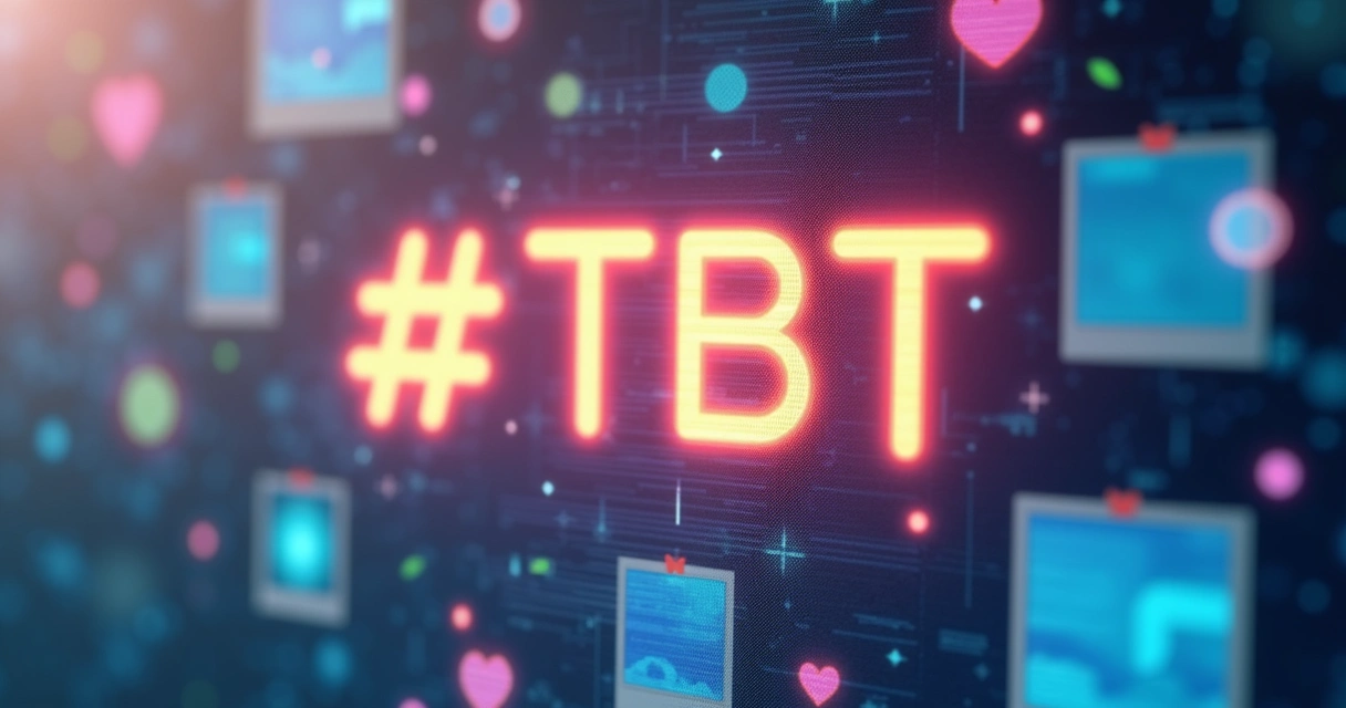 Close-up da hashtag #TBT sob fundo digital colorido, representando nostalgia nas redes sociais 