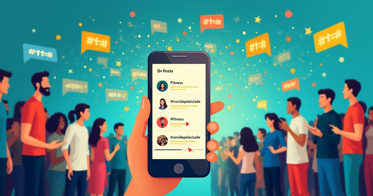 Ilustração de um smartphone mostrando postagens com hashtags diversas e interações sociais vibrantes.