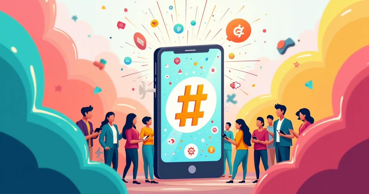 Smartphone screen showcasing popular hashtags with colorful swirls in a vibrant social media context.