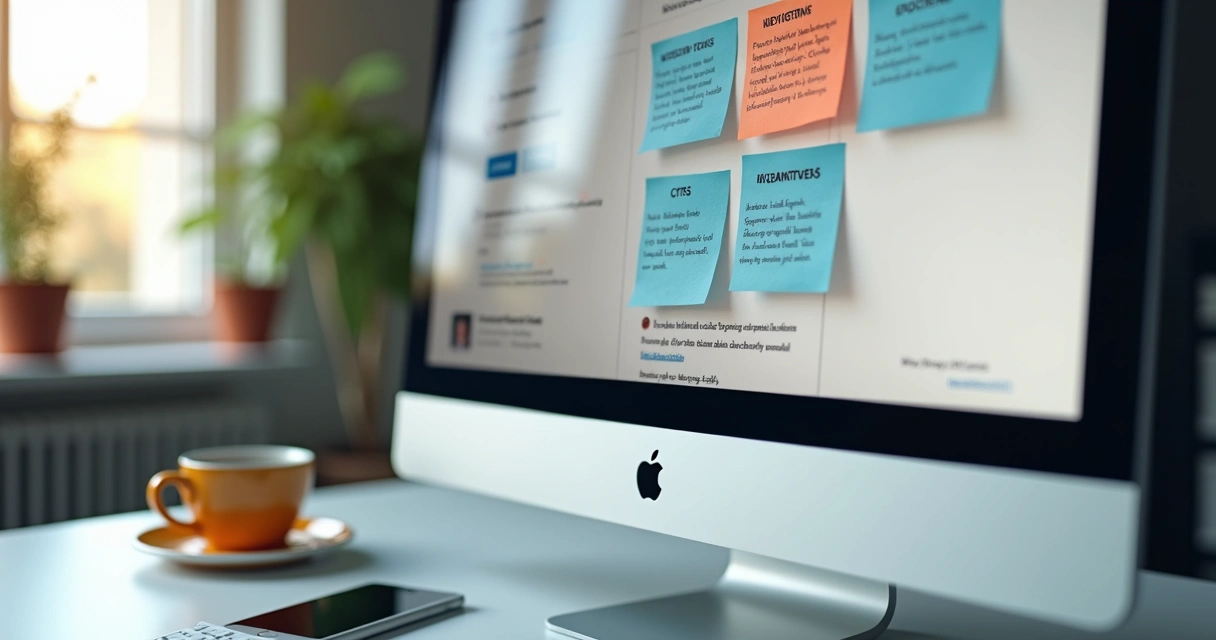 Hashtags e palavras-chave destacadas em tela de LinkedIn 