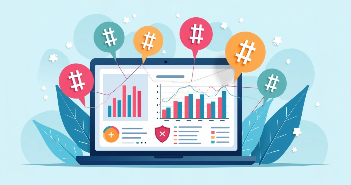Ilustração corporativa de hashtags coloridas conectadas a gráficos e escudos de segurança mostrando análise de risco de marca 