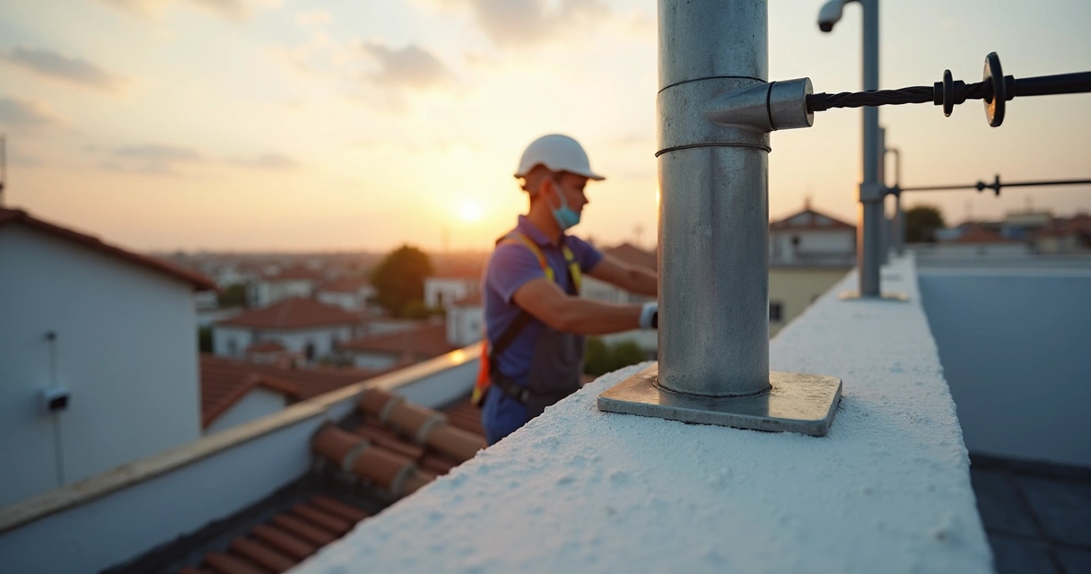 Instalador ajustando haste de cerca elétrica em muro com fios energizados 