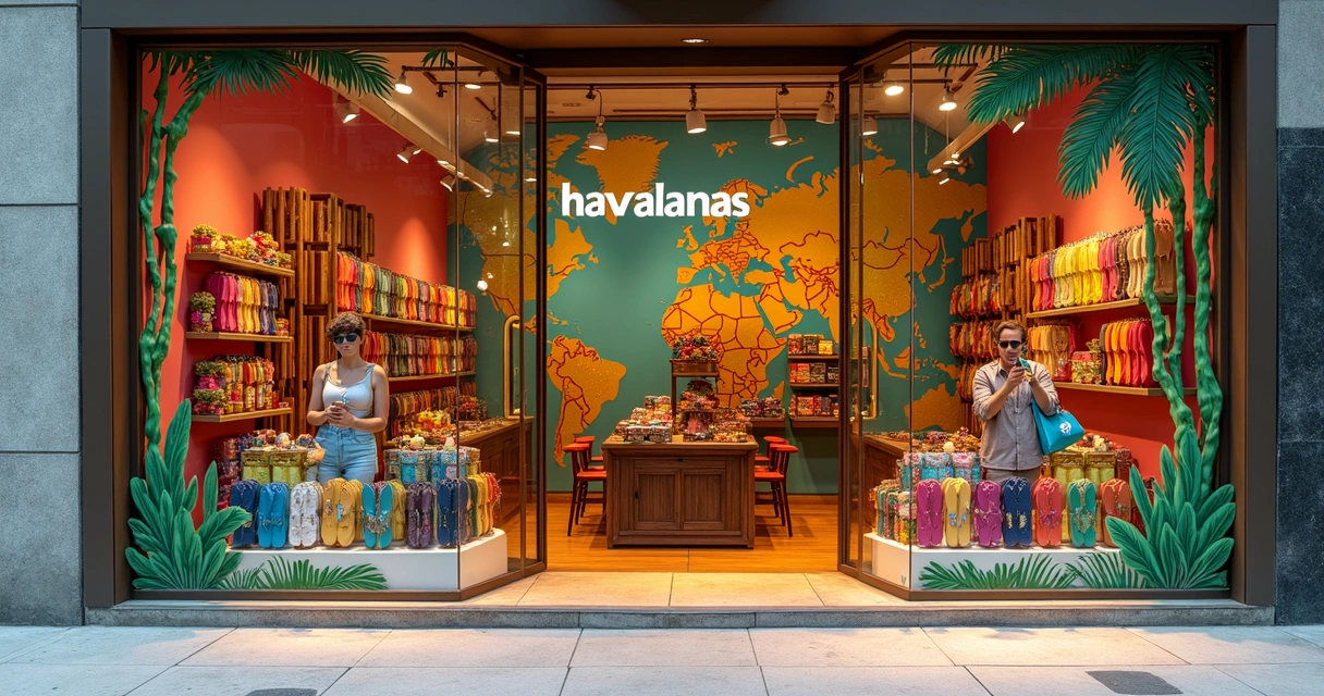 Vitrine de loja Havaianas com clientes internacionais 