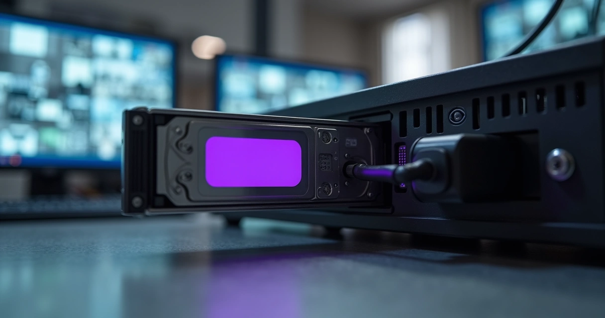 HD roxo ao lado de DVR em bancada técnica 