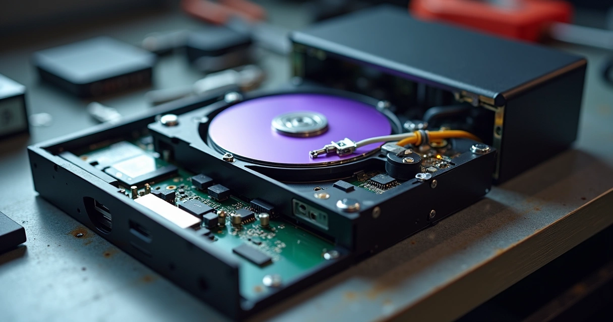 HD roxo instalado em gravador de CFTV aberto 