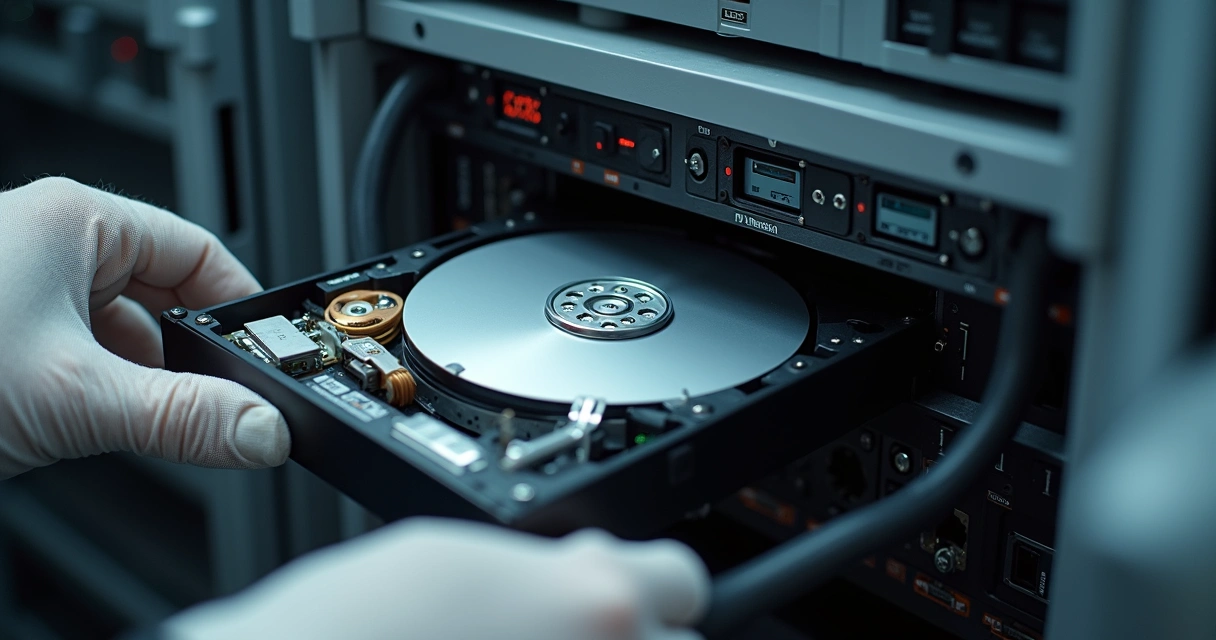 HD interno instalado em sistema de câmeras com cabos de energia e dados visíveis 