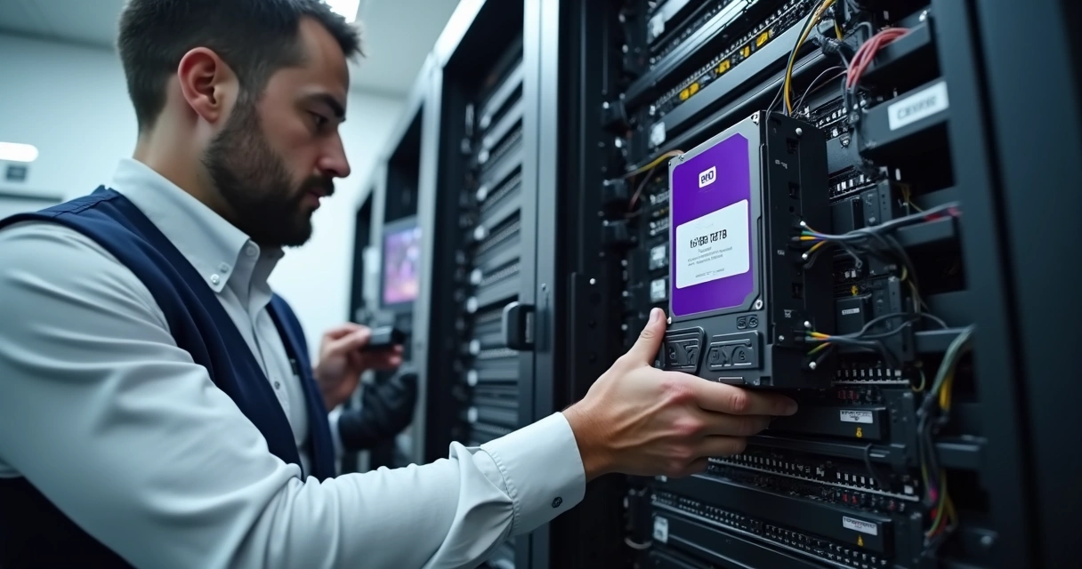 Técnico instala HD em DVR com câmeras de vigilância em rack 
