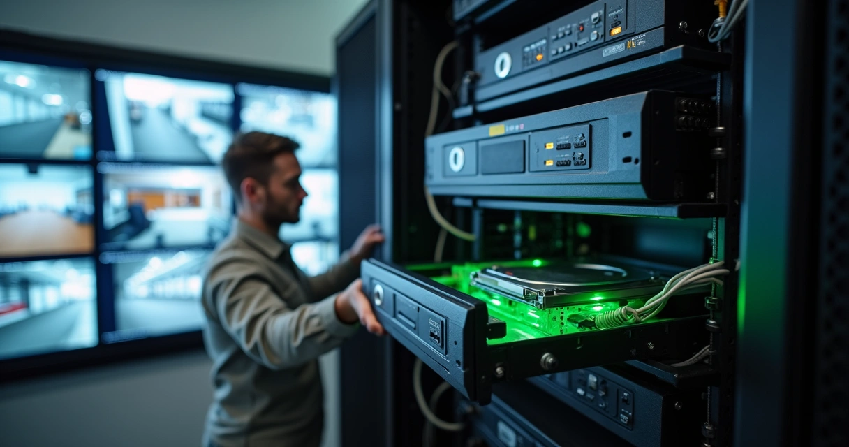 Instalador configurando DVR com HD em rack de CFTV profissional 