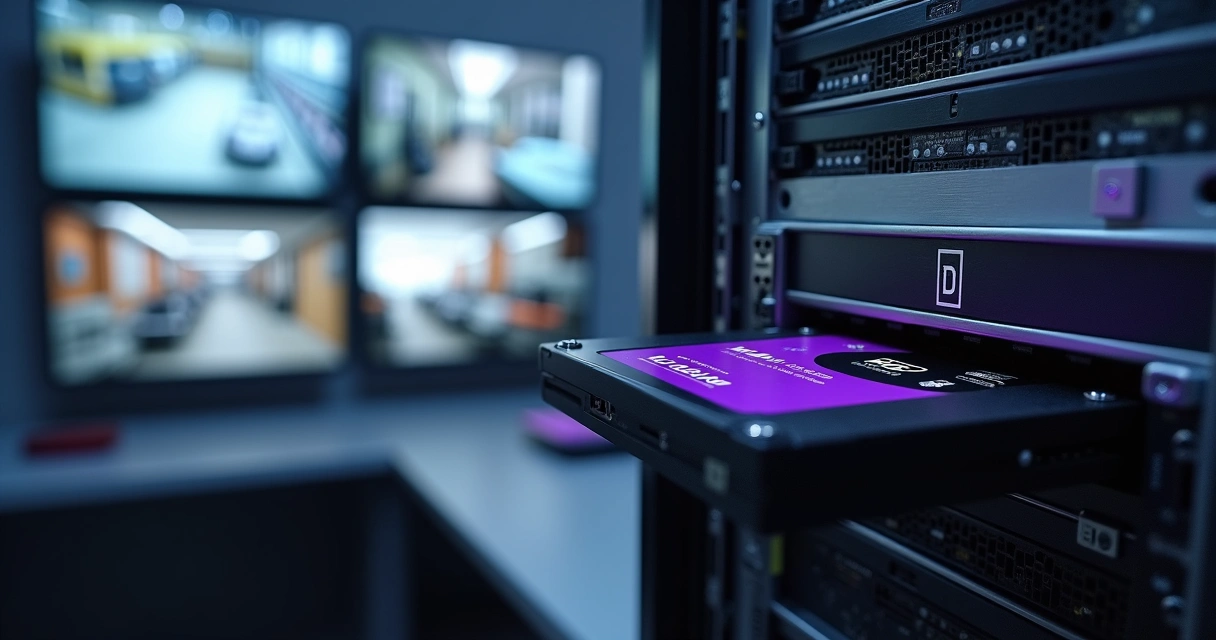 HD WD Purple de 1TB instalado em rack de CFTV com múltiplas telas de vigilância ao fundo 