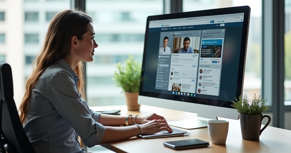 Headhunter analisa perfil de LinkedIn em tela de computador grande, estilo escritório moderno 