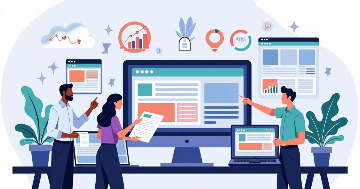 Ilustração de agência usando headless CMS para criar sites modernos em múltiplas telas 