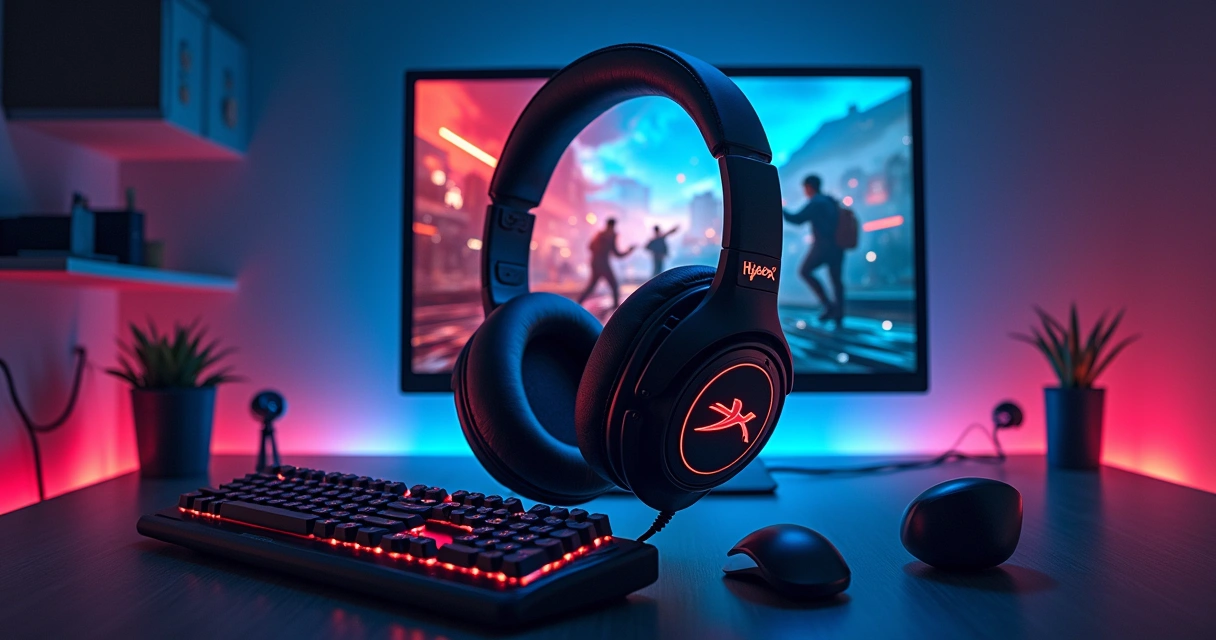 Ilustração do headset HyperX Cloud II Wireless em um cenário de jogo, com foco no conforto e qualidade sonora.
