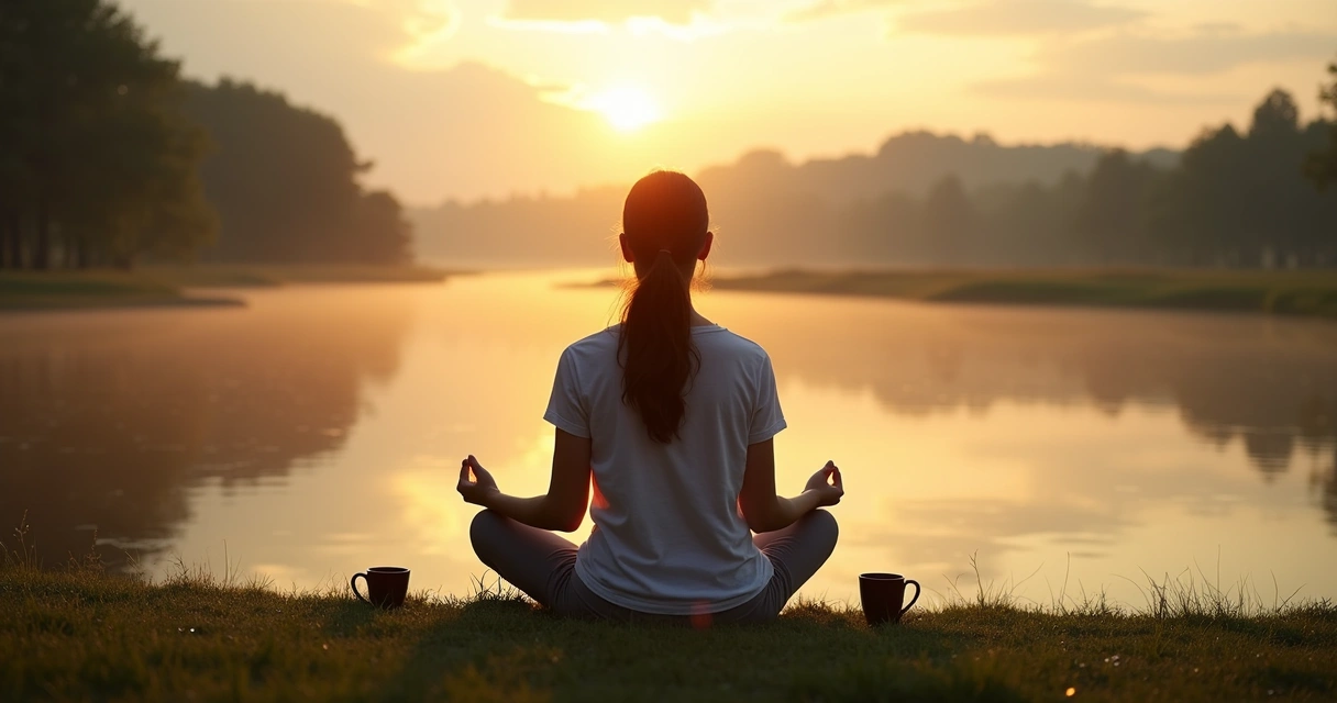 Person meditating on a riverbank beside upright cups, soft sunrise 