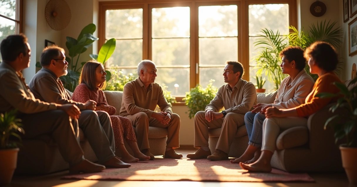 Healing circle of diverse community members gathered in discussion