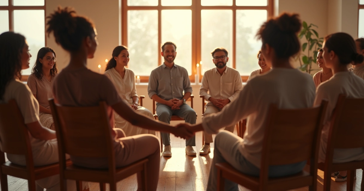 People sitting in a healing circle exchanging supportive gestures under warm lighting 