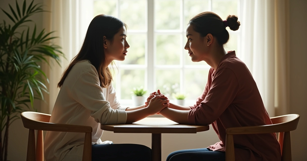 Two people having a thoughtful conversation in a calm setting 