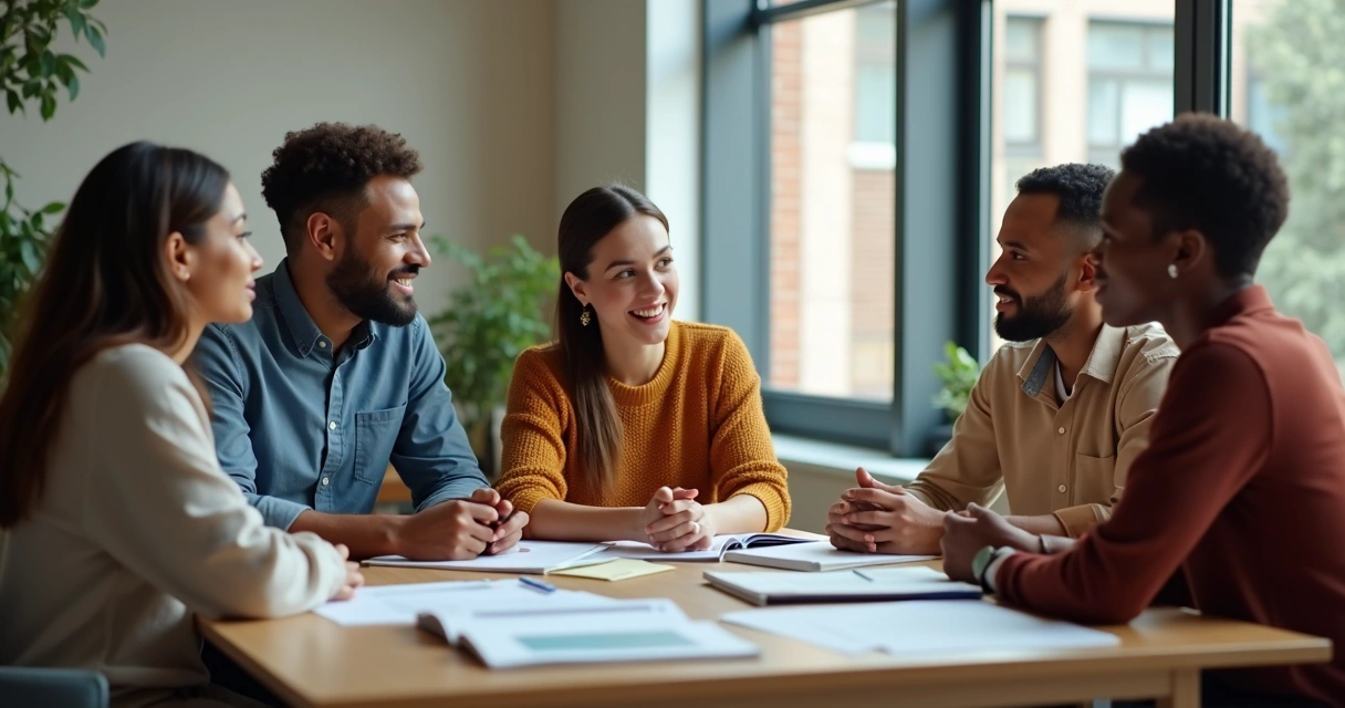 People having a thoughtful conversation at a table 