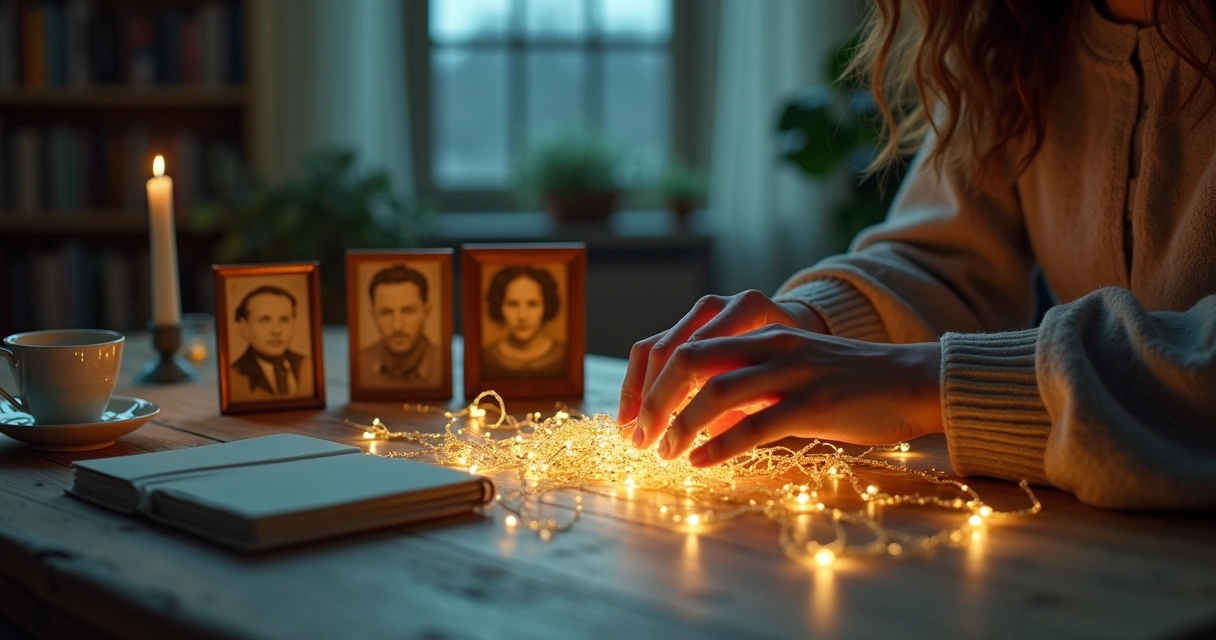 Person gently untangling glowing emotional threads connecting family portraits 